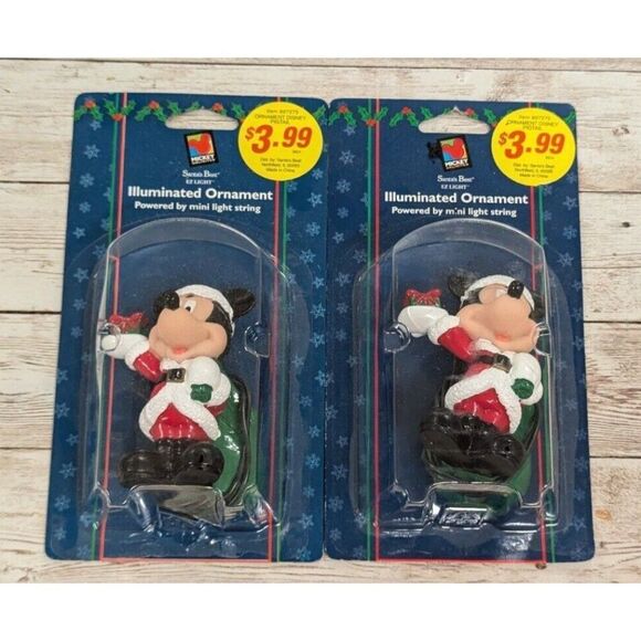 Mickey Mouse Illuminated Ornament 1998 Santa's Best EZ Light Set of 2 Christmas - Picture 1 of 9